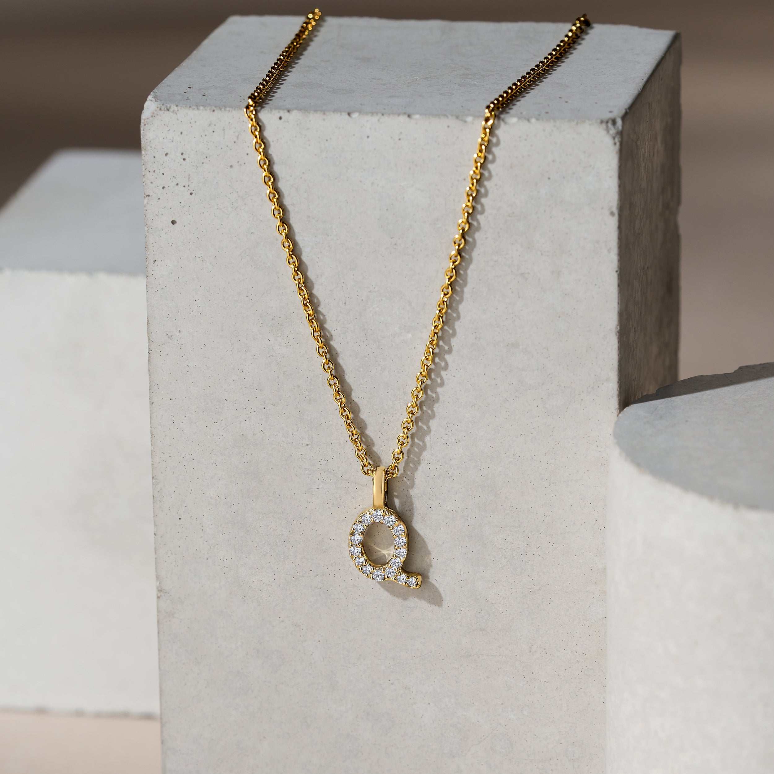 Love Letter Initial Q Lab Diamond Necklace set in 9K Yellow Gold